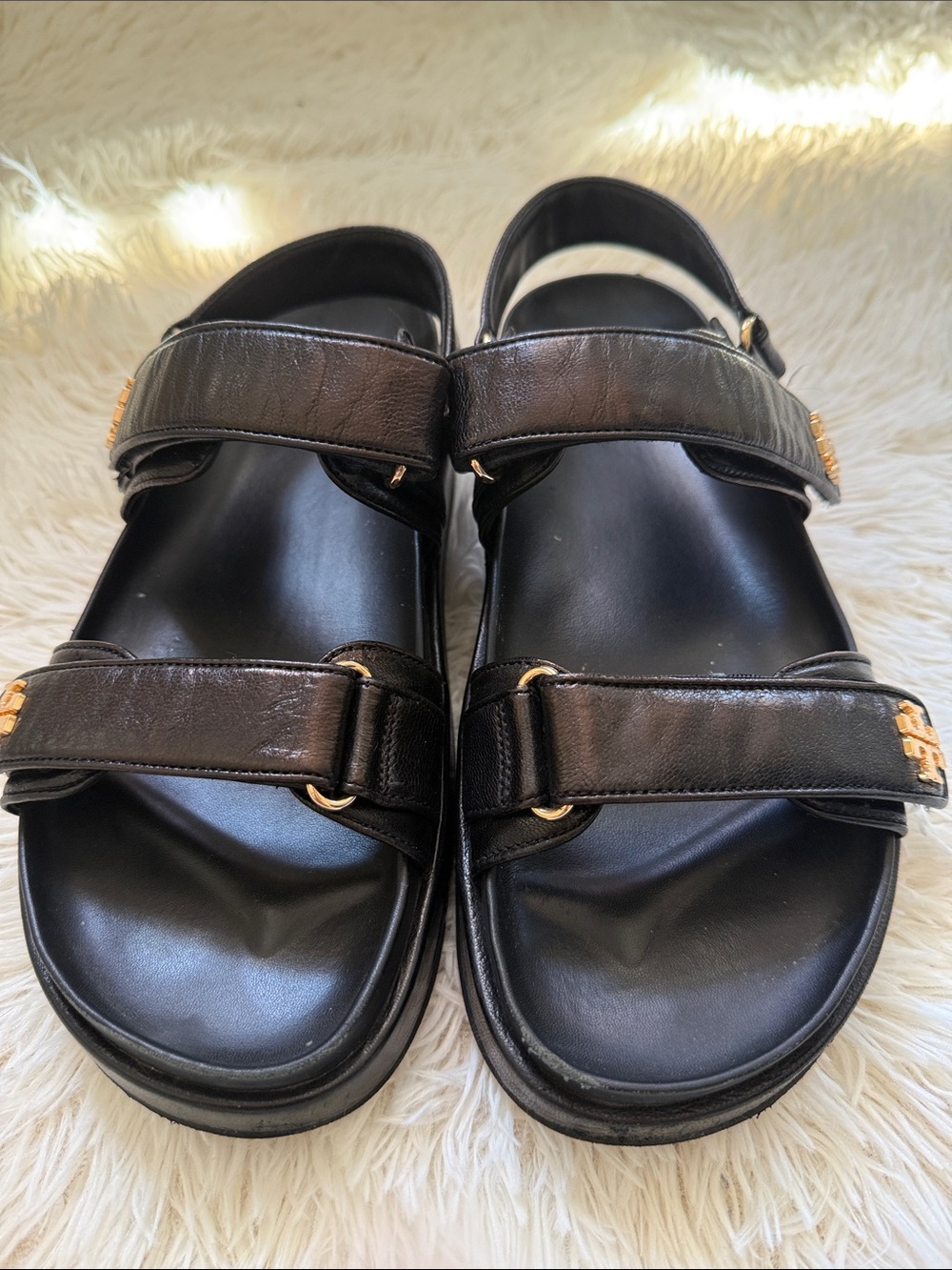 Tory Burch women’s Black Leather Double-Strap Sandals with Gold Hardware